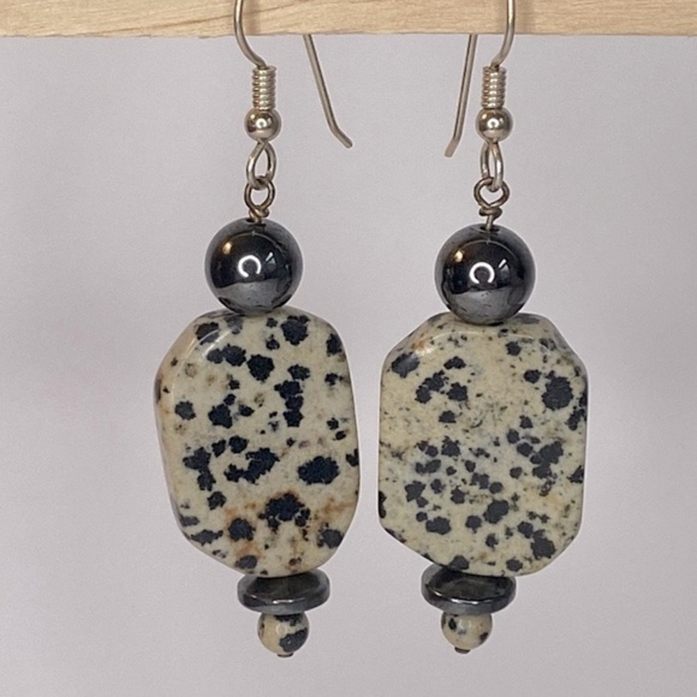 Dalmatian Jasper Hematite dangle earrings Sterling silver